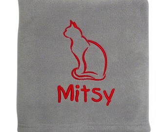 Personalised Fleece Cat Blanket with Embroidered Cat Motif