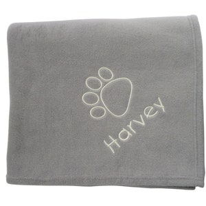 Large Personalised Fleece Dog Blanket with Embroidered Paw Outline Light Grey