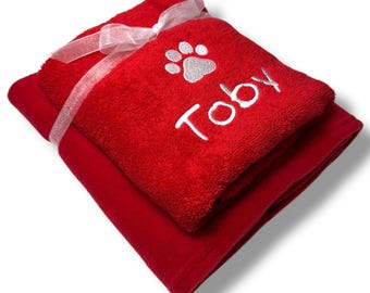 Personalised Dog Gift Set: Embroidered Red Fleece Blanket & Towel