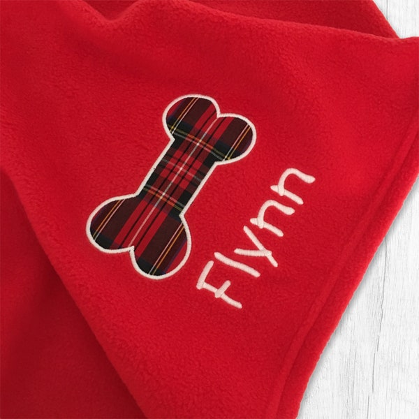 Personalised Christmas Dog Blanket with Red Tartan Bone | Embroidered Name