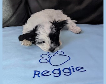 Personalised Fleece Dog Blanket with Embroidered Paw Outline