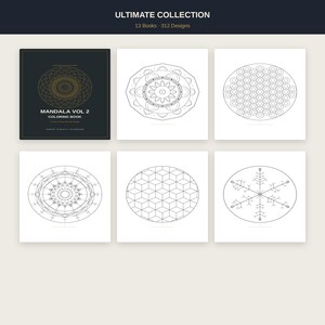 May include: A digital collection titled ULTIMATE COLLECTION featuring 13 books and 312 designs. The image displays a black cover for Mandala Vol 2 Coloring Book alongside five white pages containing circular geometric and mandala line art patterns.
