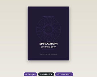 Libro para colorear Spirograph, 24 páginas con patrones geométricos, descarga en PDF + PNG.