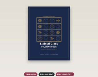 Libro para colorear de vidrieras, 24 páginas de rosetones, PDF instantáneo + PNG