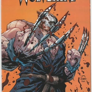 May include: A comic book titled The Last Wolverine issue 1 variant edition. The cover features a character wearing a skull mask and a dark blue robe, with metallic claws extended from both hands, splattered with dark red blood on an orange background.