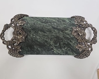 Vintage Green Marble Serving Tray Ornate Grape Vine Metal Handles Cheese Board