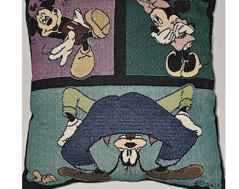 Vintage Disney Tapestry Throw Pillow Mickey Minnie Goofy Woven Comic Decor