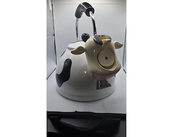 Kamenstein MCMXCII Cow Novelty Enamel Tea Kettle White Black Acoustic Signal