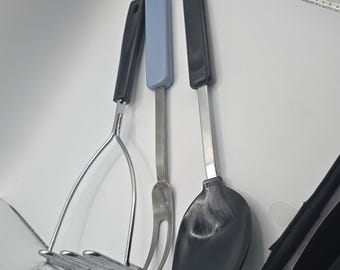 EKCO Utensil Set Masher Meat Fork Spoon Black Blue Stainless Steel Plastic
