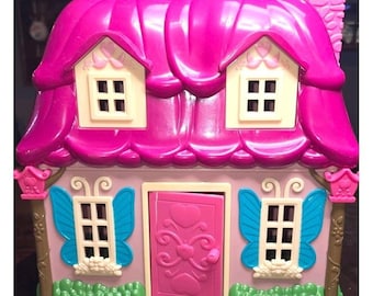 Pink Green Plastic Cottage Dollhouse Fairy Tales Theme with Carry Handle
