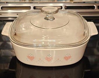 Corning Ware L'Echalote Casserole Dish with Pyrex LidA-1.5-B Heart Floral 2Liter