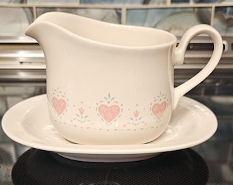 Corning Ware Pink Hearts Gravy Boat with Underplate Saucer Vintage Stoneware