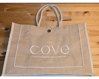 The Cove Atlantis Bahamas Jute Tote Bag Tan Burlap Beach Bag Rope Handles Large