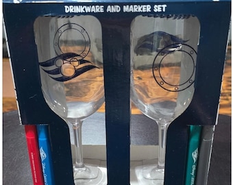 Disney Cruise Line Drinkware and Marker Set 2 Wine Glasses Souvenir New Boxed