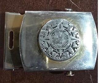 Vintage Solid Brass Military Slider Belt Buckle Made in USA Silver Tone Star