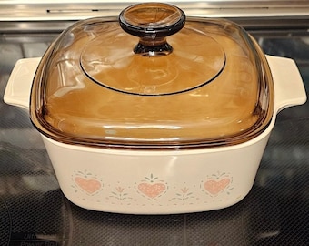 Corning Ware Abundance Casserole Dish with Amber Pyrex Lid A-7-C Pink Hearts1.5L