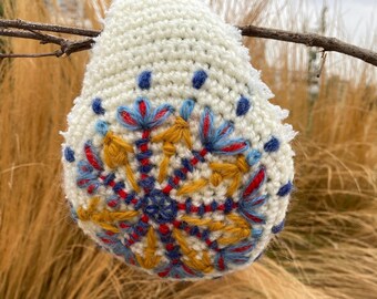 Wool earmuffs  with a geometrical hand embroidery, lovely Christmas  woman gift. Earmuffs behind the head