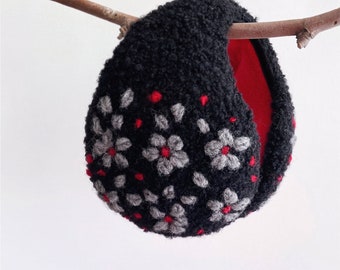 Black Wool earmuffs floral hand embroidered, a lovely  woman gift. Handmade Earmuffs behind the head