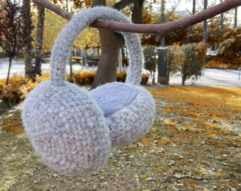 Wool earmuffs over the head, light  gray crocheted earmuffs, handmade wool earmuffs