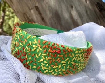 Green hand-embroidered headband, geometric embroidery headband warm colors
