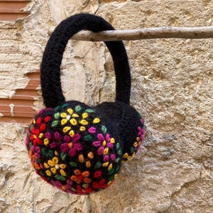Wool earmuffs with a floral bright hand embroidery, stunning gift for woman, eye catching over the head ear warmers