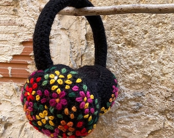 Wool earmuffs with a floral bright hand embroidery, stunning gift for woman, eye catching over the head ear warmers