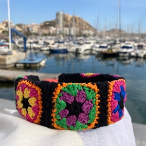 Granny headband black and colorful cotton . Women gifts. Handmade in Spain.