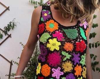 Unique top with crocheted flowers in vibrant colors. Stunning woman gifts.