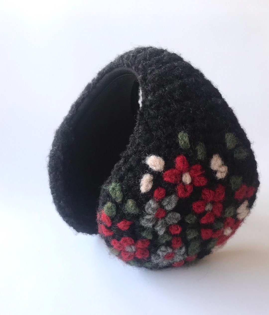 Black Wool Earmuffs Floral Hand Embroidered a Lovely Woman Etsy