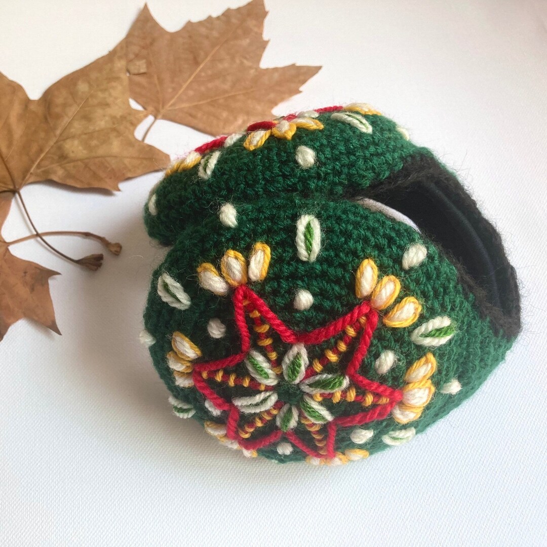 Green Earmuffs With a Geometrical Hand Embroidery, Lovely Christmas
