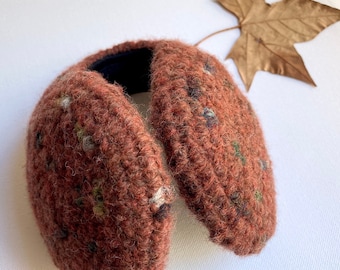 Unique ear muffs made of brown wool speckled with warm tones. Earmuffs behind the head for woman or men