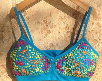 Embroidered bodice mexican dream turquoise and vibrant colors, a lovely  woman gift