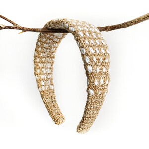 Headband crochet simulating dots in sand color and white, woman gifts  handmade in spain
