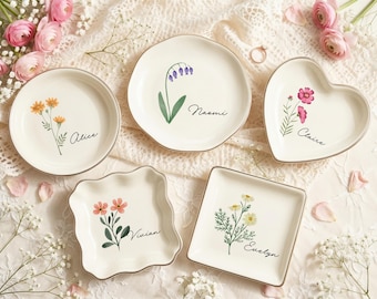 Personalized Birth Flower Jewelry Dish With Name, Custom Ring Dish Gift For Bridesmaid, Mom, Sister, Wedding Party Keepsake Tray