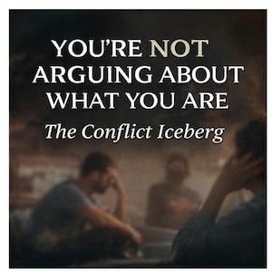 May include: Image with text: "YOU'RE NOT ARGUING ABOUT WHAT YOU ARE" and "The Conflict Iceberg." The background is blurred with three people in the background.