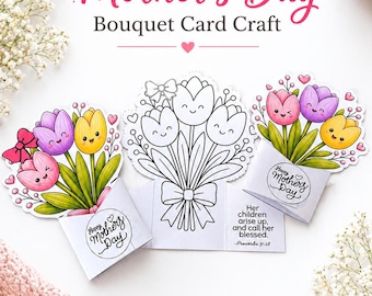 Christian Mother's Day Bouquet Craft, Tulip Bouquet Printable Kids Coloring Mother's Day Gift Folding Card ,Bible Verse Sunday School Craft