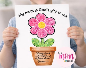 Manualidad de flores cristianas para el Día de la Madre, tarjeta fácil con versículo bíblico para niños, actividad para la escuela dominical, regalo DIY para mamá, manualidad de iglesia con papel rasgado para niños pequeños