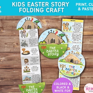 Puede incluir: Una manualidad plegable de la historia de Pascua para niños. Presenta ilustraciones de la historia de Pascua, incluyendo la entrada de Jesús en Jerusalén, la Última Cena y la tumba vacía. El texto "KIDS EASTER STORY FOLDING CRAFT" es visible.