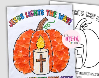 May include: Two printable activity sheets featuring a pumpkin and candle illustration. One sheet is colored with orange tissue paper and markers, while the other is a black and white outline. Text reads: JESUS LIGHTS THE WAY! LET YOUR LIGHT SHINE BEFORE OTHERS MATTHEW 5:16.
