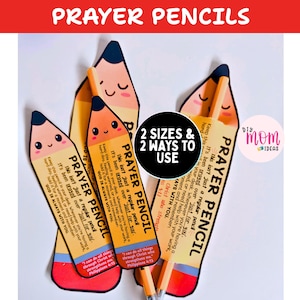 以下が含まれることがあります： 笑顔が描かれた鉛筆型の紙製カード3枚。それぞれにPRAYER PENCILの文字と祈りのメッセージが記されています。カードはオレンジ、黄色、ピンク色で、黒い文字が印刷されています。中央の黒い円には2 SIZES & 2 WAYS TO USEと書かれています。