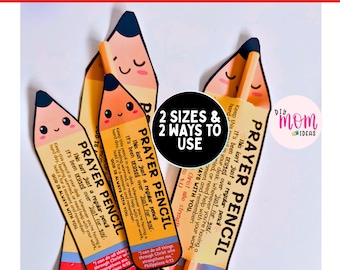 May include: Three paper pencil-shaped cards with smiling faces, each featuring the text PRAYER PENCIL and a message about prayer. The cards are orange, yellow, and pink with black text. A central black circle displays the text 2 SIZES & 2 WAYS TO USE.