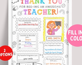 All About My Teacher Appreciation Week Printable Coloring Page For Kids Fill in  Letter Template, End Of Year Thank You Teacher Gift