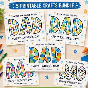 May include: Five printable Father's Day cards featuring the word "DAD" in various colourful designs. Each card includes the phrase "HAPPY FATHER'S DAY!" and star decorations. The bundle is labelled "5 PRINTABLE CRAFTS BUNDLE".
