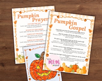 May include: Three rectangular paper sheets featuring orange and white plaid borders with autumn leaf and acorn illustrations. Two sheets contain religious text titled Pumpkin Prayer and Pumpkin Gospel, while the third shows a jack-o'-lantern illustration.
