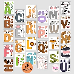 May include: A set of 26 printable activity pages featuring alphabet letters A through Z, each designed as a craft project with cut-out animal parts to assemble. The pages include colourful letters and corresponding animal features like ears, tails, and faces.