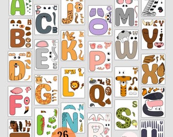May include: A set of 26 printable activity pages featuring alphabet letters A through Z, each designed as a craft project with cut-out animal parts to assemble. The pages include colorful letters and corresponding animal features like ears, tails, and faces.