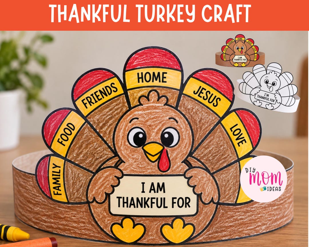 I Am Thankful Turkey Crown Craft Template, Printable Turkey Headband ...