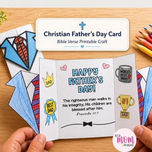 May include: A printable Christian Father's Day card craft featuring a blue suit and tie design. The open card displays the text Happy Father's Day, a Bible verse from Proverbs 20:7, and illustrations of a crown, a mug, and a trophy with the text Dad.