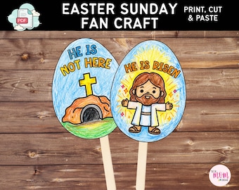 Manualidad de abanico de Pascua "Él ha resucitado" para niños, actividad sencilla de manualidades de Pascua, manualidad de la resurrección de Jesús, lección bíblica de manualidades para la escuela dominical de Pascua.