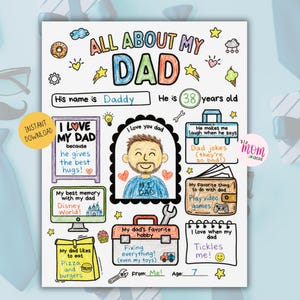 Utskrivbart frågeformulär Allt om min pappa, målarbild för barn om fars dag (PDF)